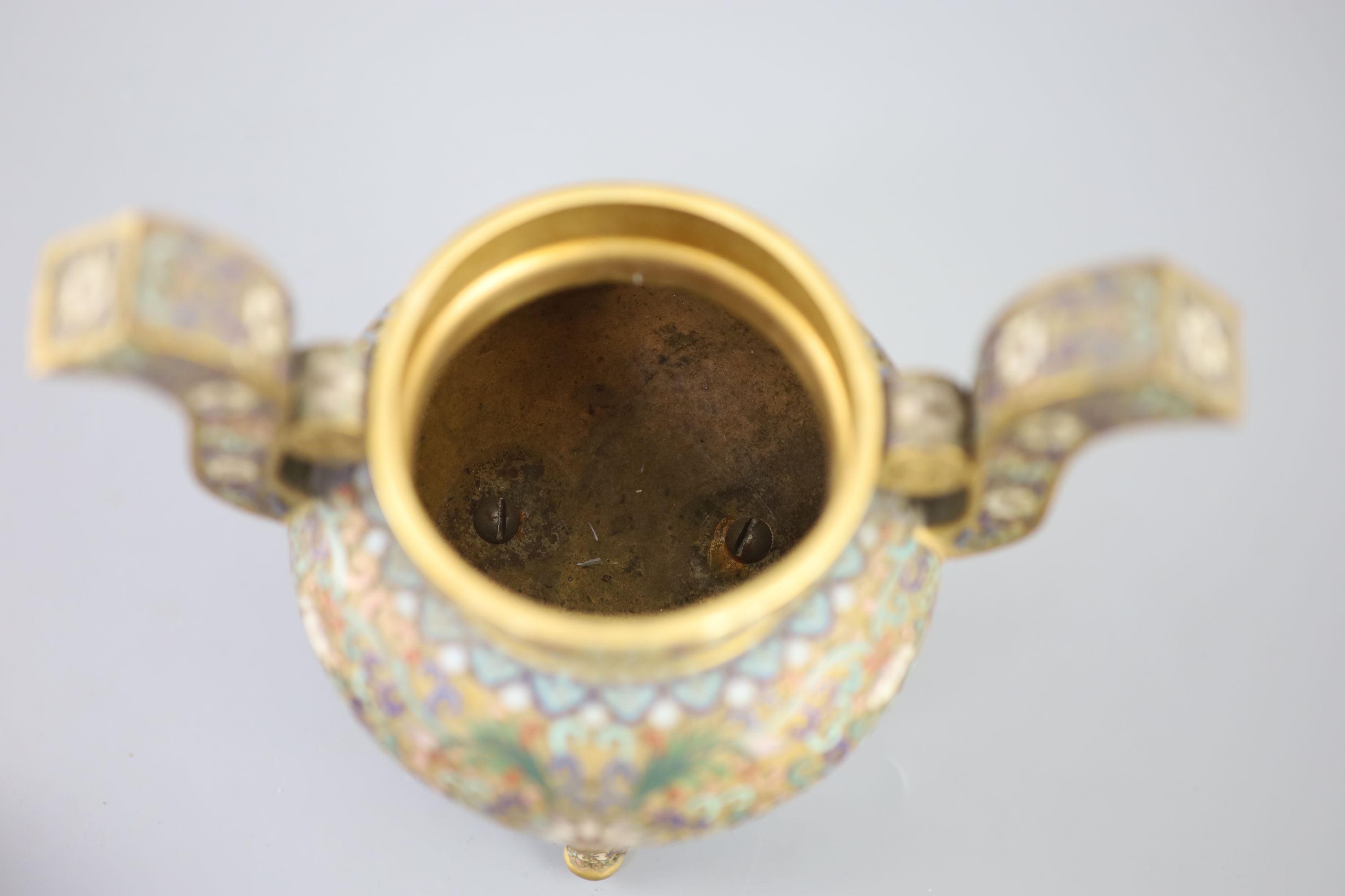 A Chinese cloisonne enamel and gilt copper tripod censer, early Republic period, c.1920, 21.5cm high